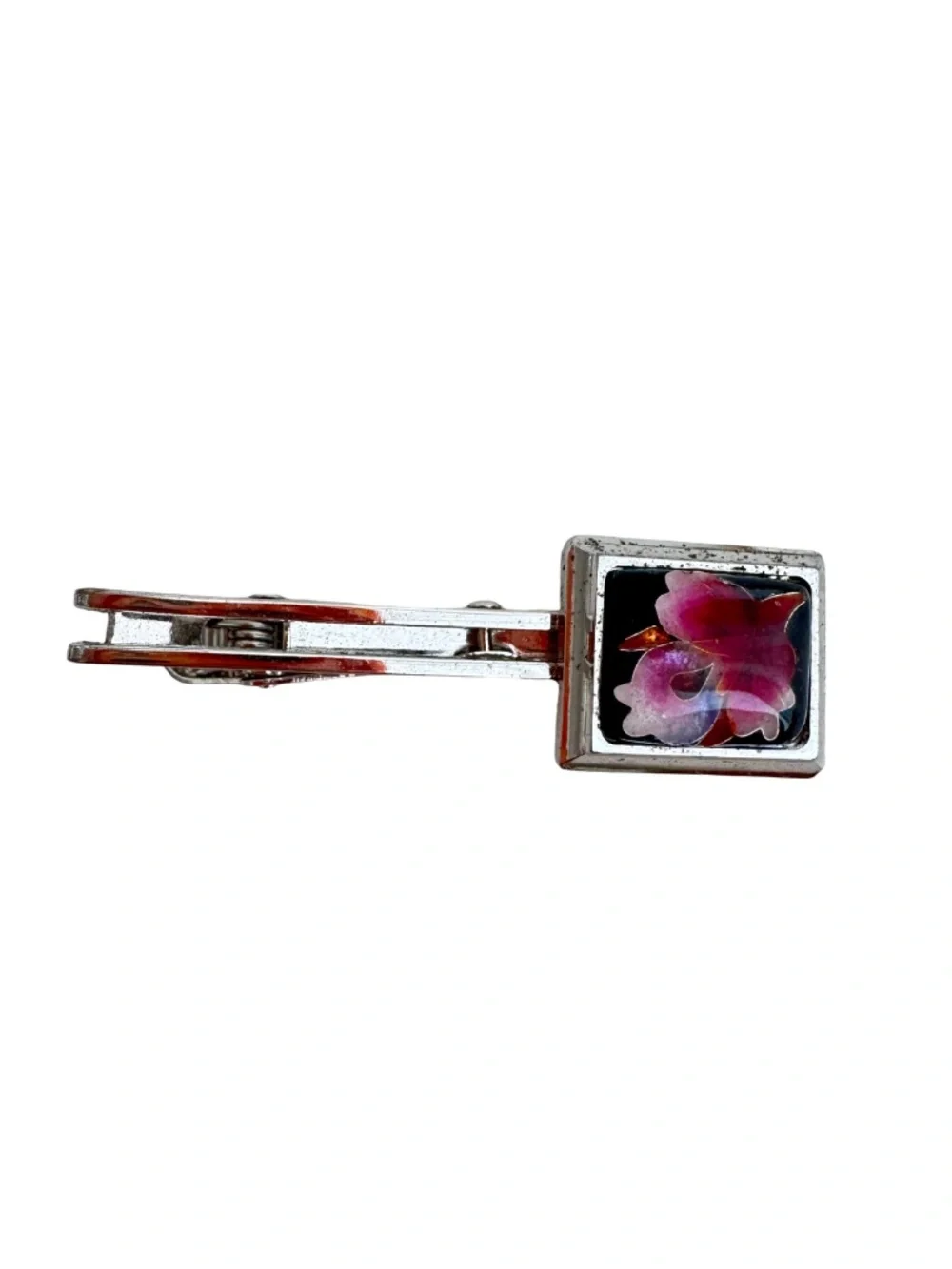 Vintage Japanese Cloisonne Tie Clip Pink White Floral Enamel Silver Tone Bar 2in